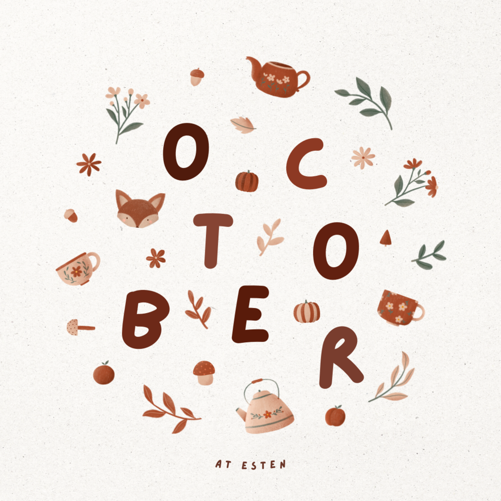off white background with leaves teapots cups pumpkins acorns and fox with october spelled out through the middle