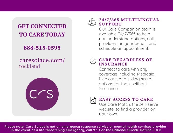 Care Solace Infographic: white background, purple borders. Phone number and website listed
