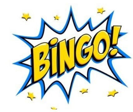 white background with big yellow text that says bingo! blue and black  border around the text