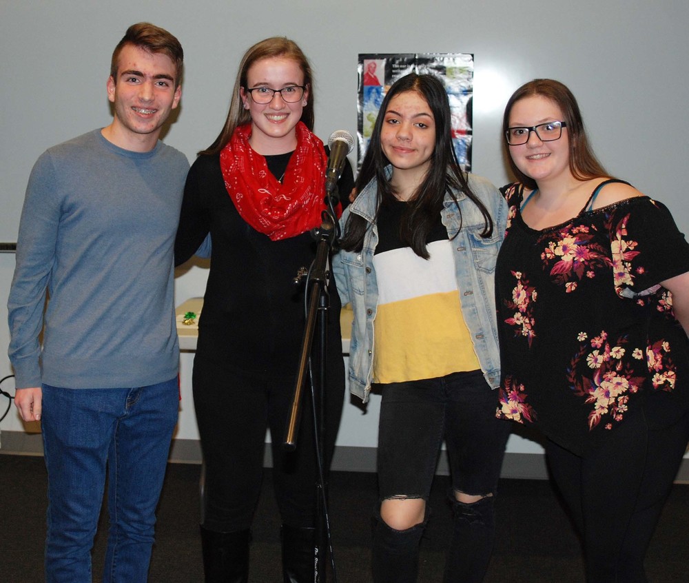 Four RHS students who competed in Poetry Out Loud on Jan. 27 are from left: Mat Bruzzese, Kathleen Nee, Emilly Costa and Anabelle MacDonald.