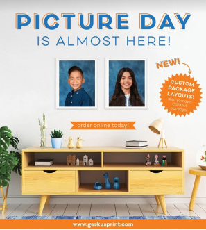 Picture day is almost here: desk and two school photos of children