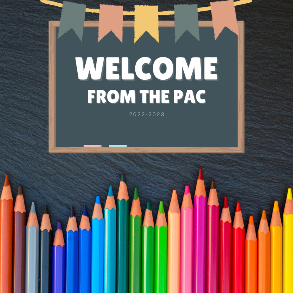 chalkboard background with an array of colored pencils as a border. a message that says welcome from the pac