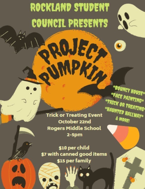 Project Pumpkin Flyer featuring gray background, ghosts, bats, candy corn, and skeletons