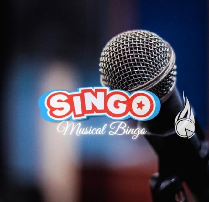 text says singo musical bingo and a microphone is pictured over a faded background