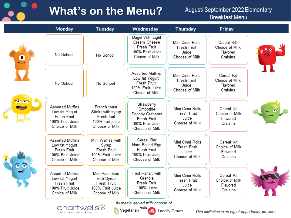 calendar that features breakfast menu items Monday-Friday