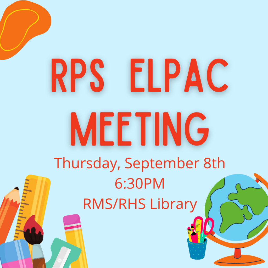 text says rps elpac meeting with a globe, pencils, scissors. light blue background