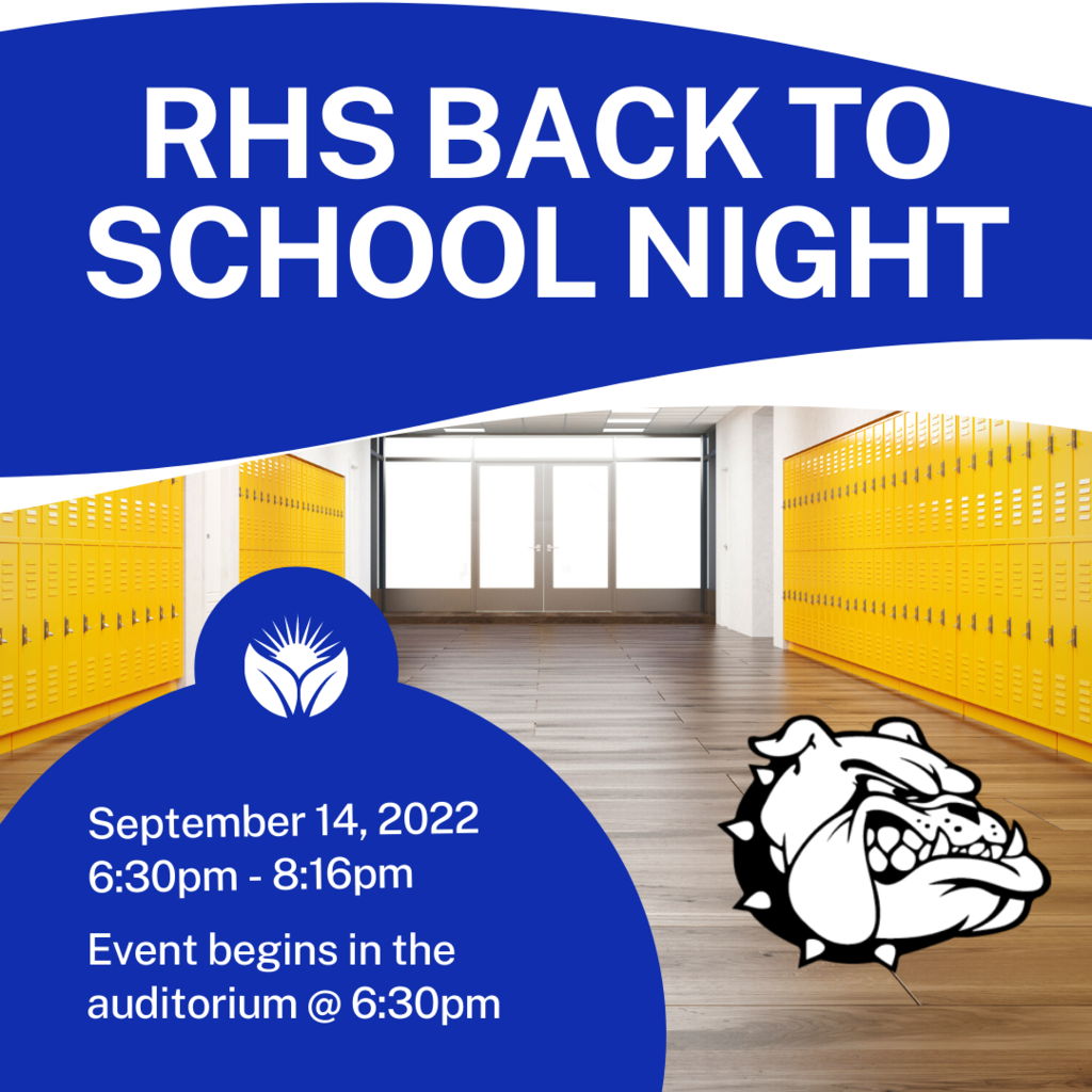 RHS Back to School Night: Wednesday, September 14th. Image features blue background and bright yellow lockers.