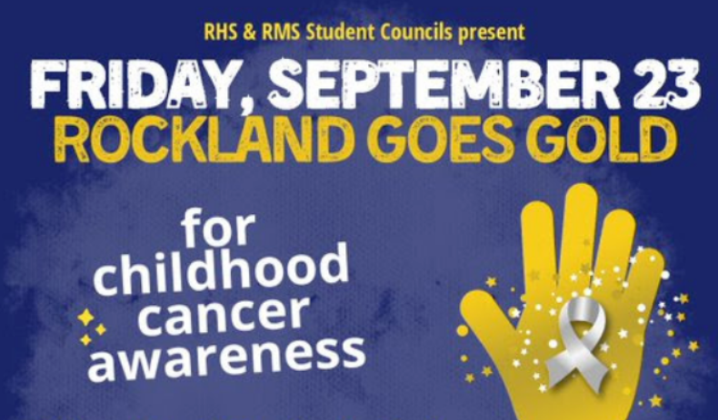 Rockland Goes Gold- Blue Background yellow hand, sparkles, cancer ribbon