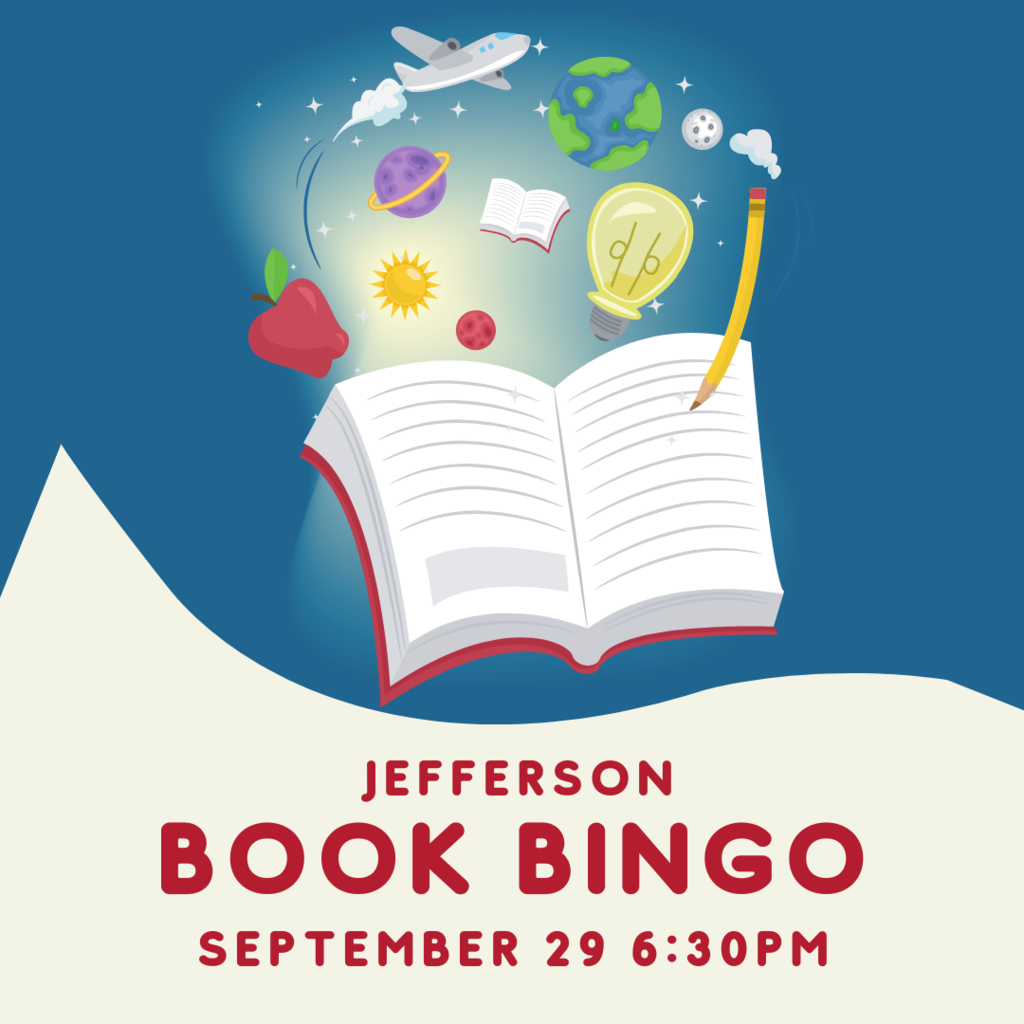 Jefferson Book Bingo September 29th at 6:30pm. image features large book with an apple, pencil, lightbulb, planet, globe, and airplane floating above it