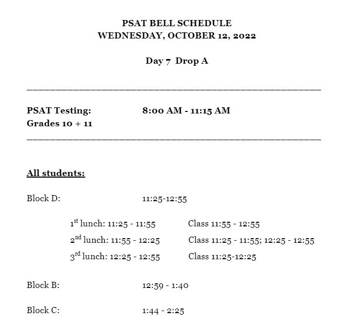 PSAT Bell Schedule