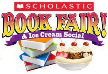 mp book fair and ice cream social. image features books and a banana split