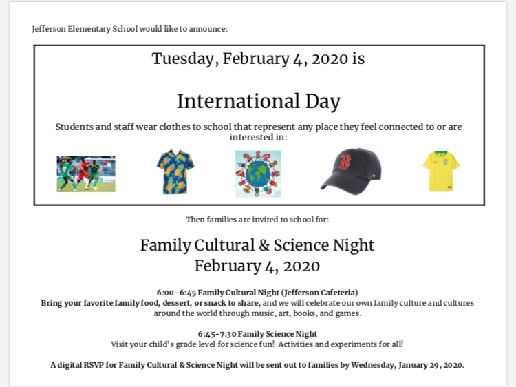 February 4, 2020–International Day, followed by Family Cultural & Science Night